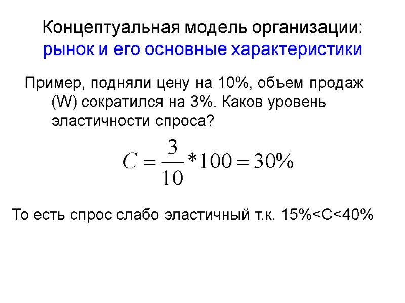 Концептуальная модель организации: рынок и его основные характеристики Пример, подняли цену на 10%, объем